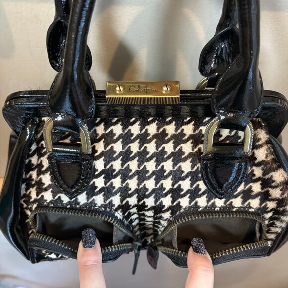 NIB Vintage Cole Haan B+W Houndstooth Calf Hair + Patent Leather Mini Satchel - Picture 3 of 13